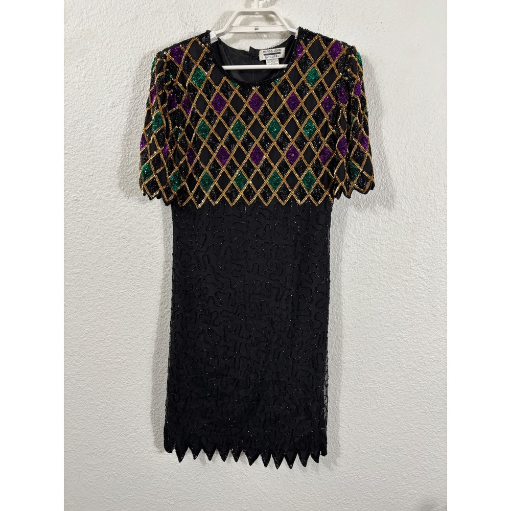 Mark‎ & John by Gopal Dress Womens Small Black Mardi Gras Beaded Silk Mini